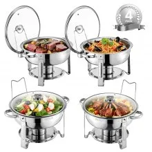 VEVOR Set Scaldavivande Buffet con Coperchio in Vetro 4,7 L Argento 4 Pezzi
