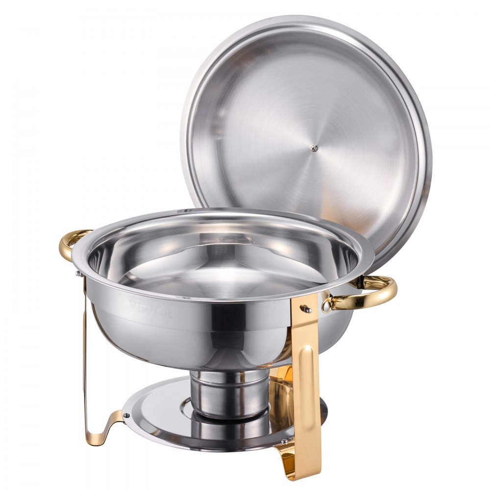 VEVOR Scaldavivande per Buffet con 4 Padelle, Distributore di Calore Rotondo per Ristorazione con Coperchio, Porta Carburante e Vaschetta per l'Acqua per Matrimoni, Feste, Dorato 4,7 L