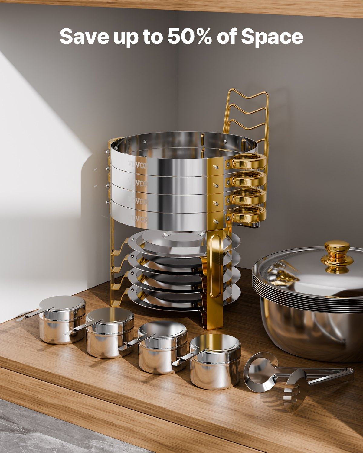 VEVOR Scaldavivande per Buffet con 4 Padelle, Distributore di Calore Rotondo per Ristorazione con Coperchio, Porta Carburante e Vaschetta per l'Acqua per Matrimoni, Feste, Dorato 4,7 L