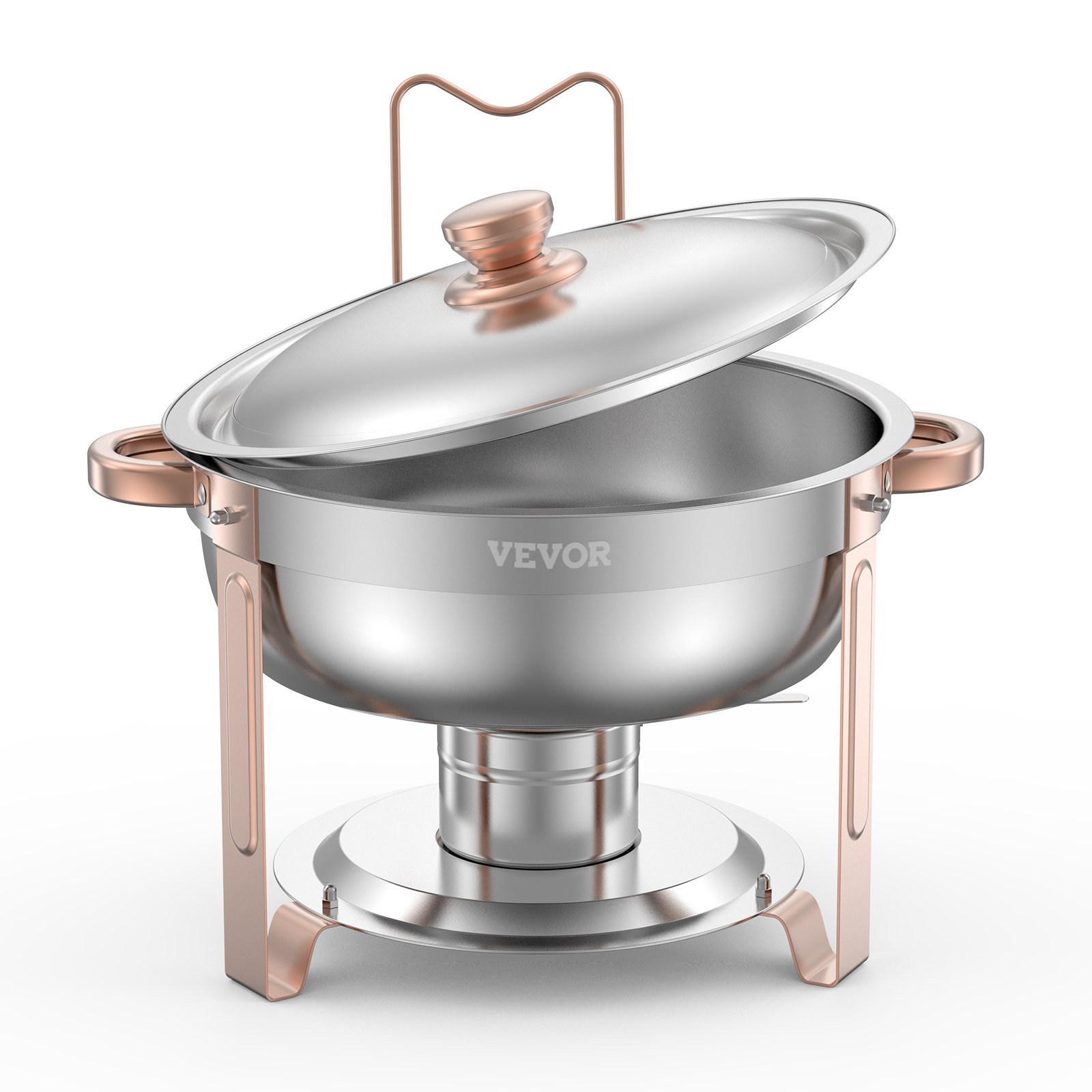 VEVOR Scaldavivande per Buffet con 4 Padelle Full Size Dispenser di Calore Rotondo per Catering con Coperchio, Porta Carburante e Vaschetta per l'Acqua per Matrimoni, Feste, Oro Rosa 4,7 L