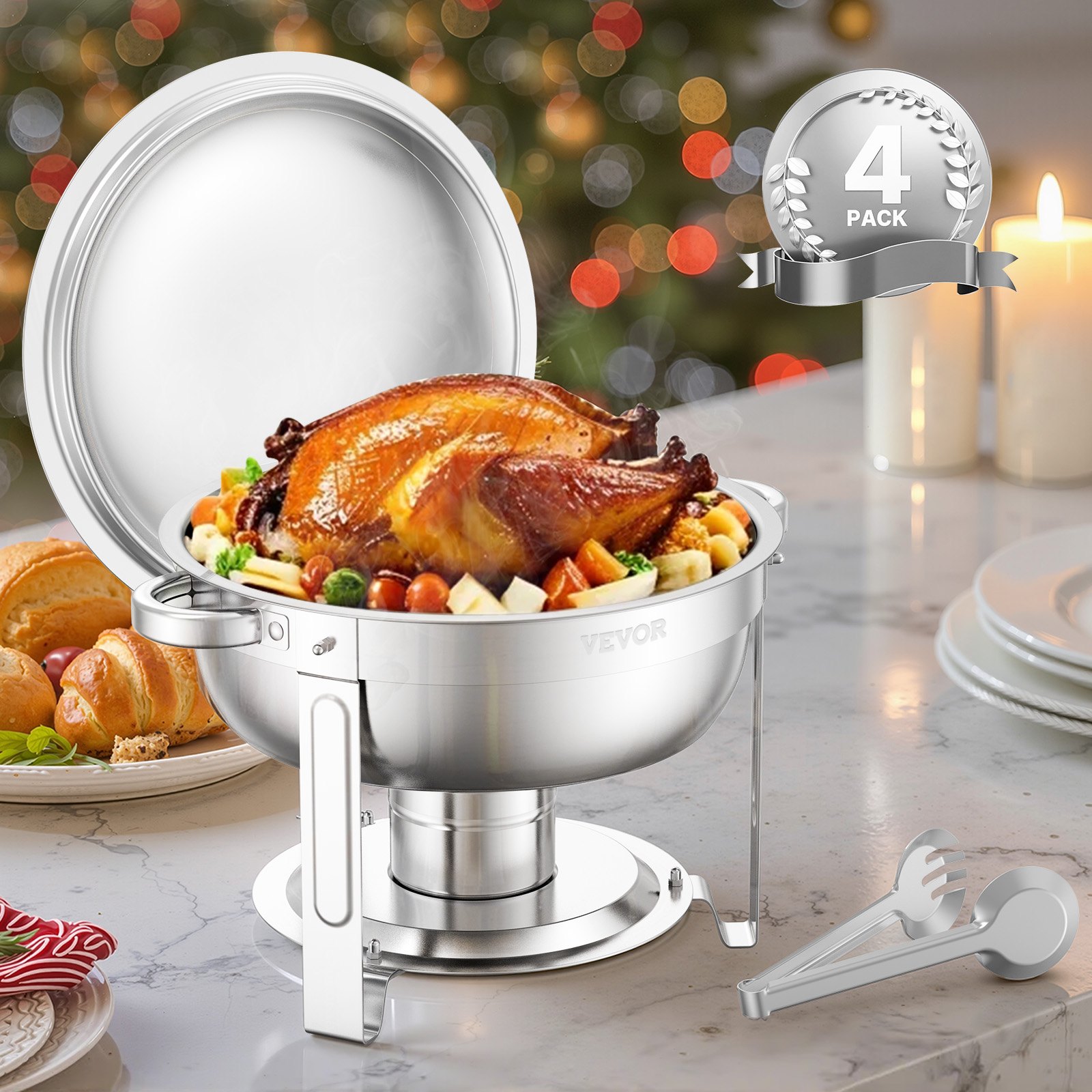 VEVOR Scaldavivande per Buffet con 4 Padelle Full Size Dispenser di Calore Rotondo per Catering con Coperchio, Porta Carburante e Vaschetta per l'Acqua per Matrimoni, Feste, Argento 4,7 L