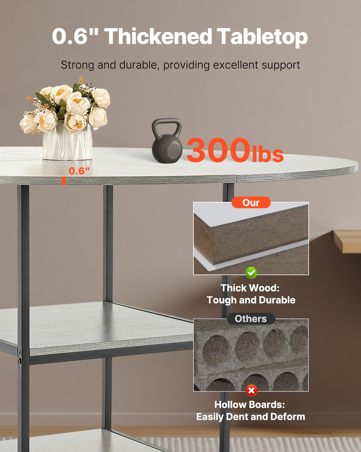 VEVOR Tavolo da Pranzo Rotondo da 1200 mm Tavolo in Legno, Carico 136,1 kg Mobili Circolari Moderni, con Ripiano Portaoggetti e Gambe in Metallo, per Cucina di Casa Soggiorno, Grigio, Solo Tavolo