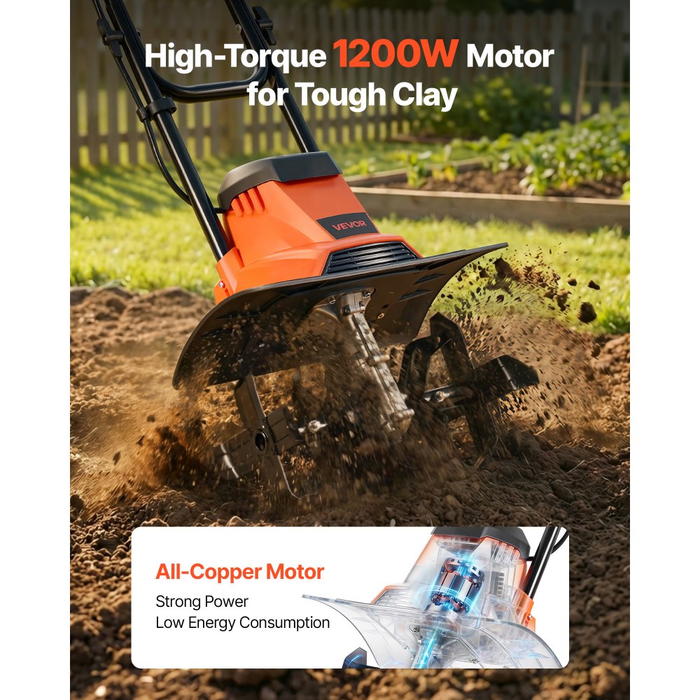 VEVOR Motozappa Elettrica per Orto con Cavo Larghezza di Lavoro 36 cm Profondità 22 cm, Zappatrice a Motore 1200 W per Terreno Campo Prato Cortile Orto Coltivazione con Denti in Acciaio da Giardino