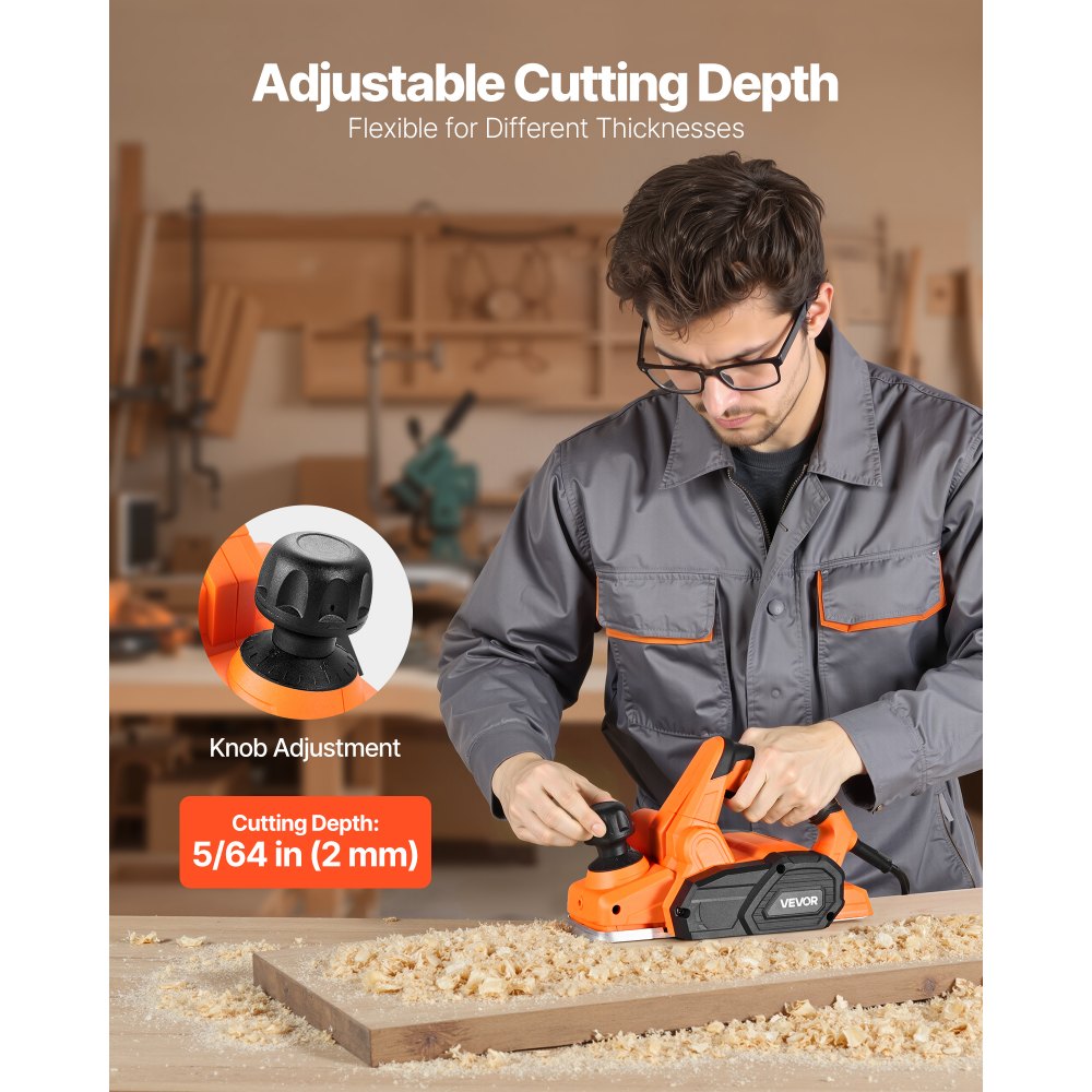 VEVOR Pialla Manuale Larghezza di Taglio 82 mm, Pialla Portatile con Cavo da 650 W 16800 giri/min per Lavorazione del Legno, Profondità di Taglio Regolabile, 2 Lame, Levigatrice a Mano Fai da Te