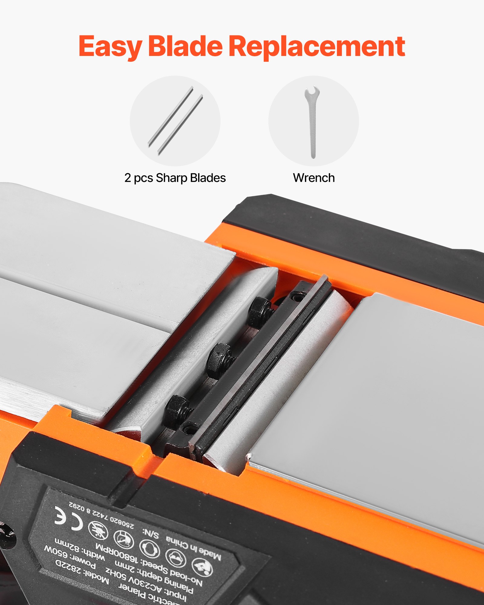 VEVOR Pialla Manuale Larghezza di Taglio 82 mm, Pialla Portatile con Cavo da 650 W 16800 giri/min per Lavorazione del Legno, Profondità di Taglio Regolabile, 2 Lame, Levigatrice a Mano Fai da Te