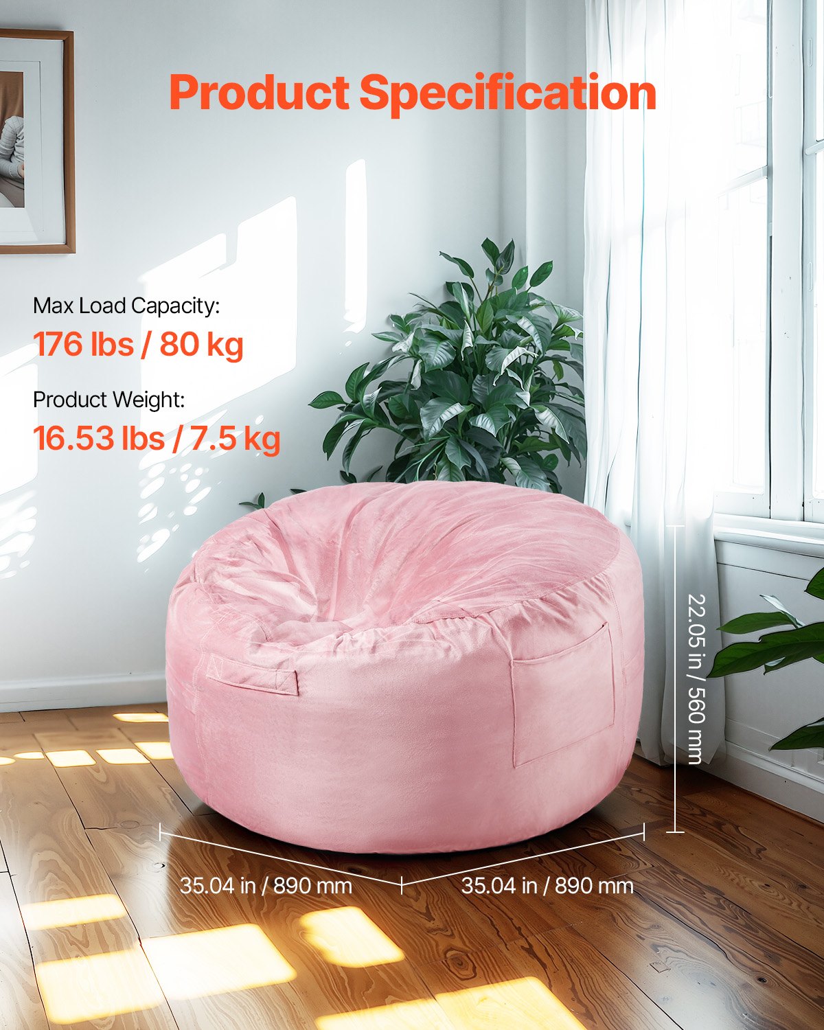 VEVOR Round Bean Bag Gaming Cushion (89 x 89 x 56 cm) with Removable & Washable Cover, 25D Memory Foam Filled with Dutch Velvet, Bean Bag for Bedroom/Playroom, Pink