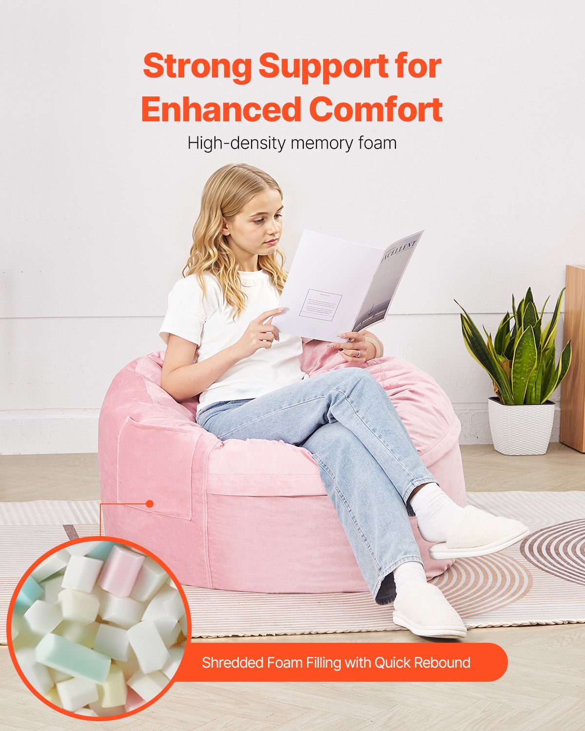 VEVOR Round Bean Bag Gaming Cushion (89 x 89 x 56 cm) with Removable & Washable Cover, 25D Memory Foam Filled with Dutch Velvet, Bean Bag for Bedroom/Playroom, Pink