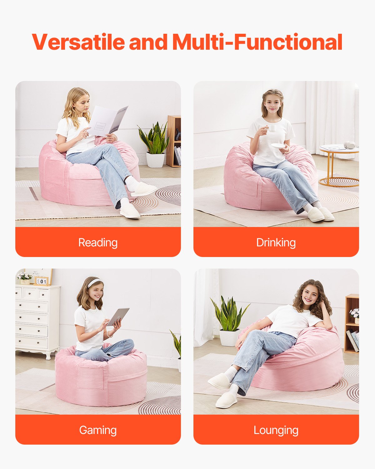 VEVOR Round Bean Bag Gaming Cushion (89 x 89 x 56 cm) with Removable & Washable Cover, 25D Memory Foam Filled with Dutch Velvet, Bean Bag for Bedroom/Playroom, Pink