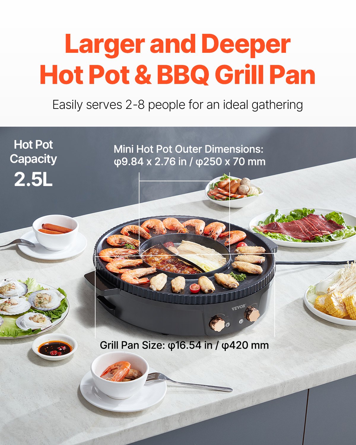 VEVOR Hot Pot with Grill 1800 W 2 in 1 Electric Smokeless Grill, Korean BBQ Grill Fire Pot with Separate Dual Temperature Control, Non-Stick Pan, for 2-8 People