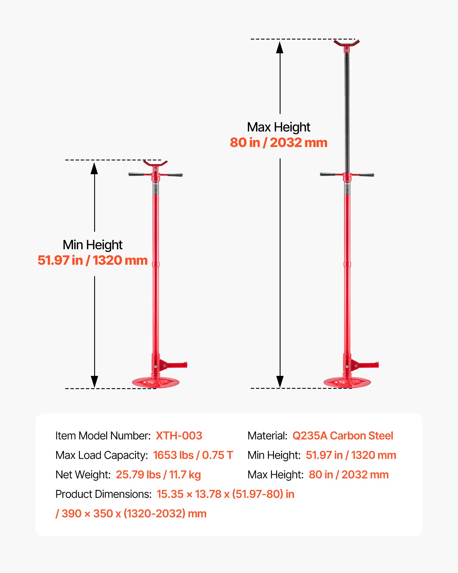 VEVOR Supporto da Fossa e Sottoponte Carico max. 0,75 Tonnellate, Asta di Supporto da Fossa Altezza Regolabile 132-203,2 cm, Maniglia Girevole, Riparazioni Manutenzione Stabilizzazione Officina Garage