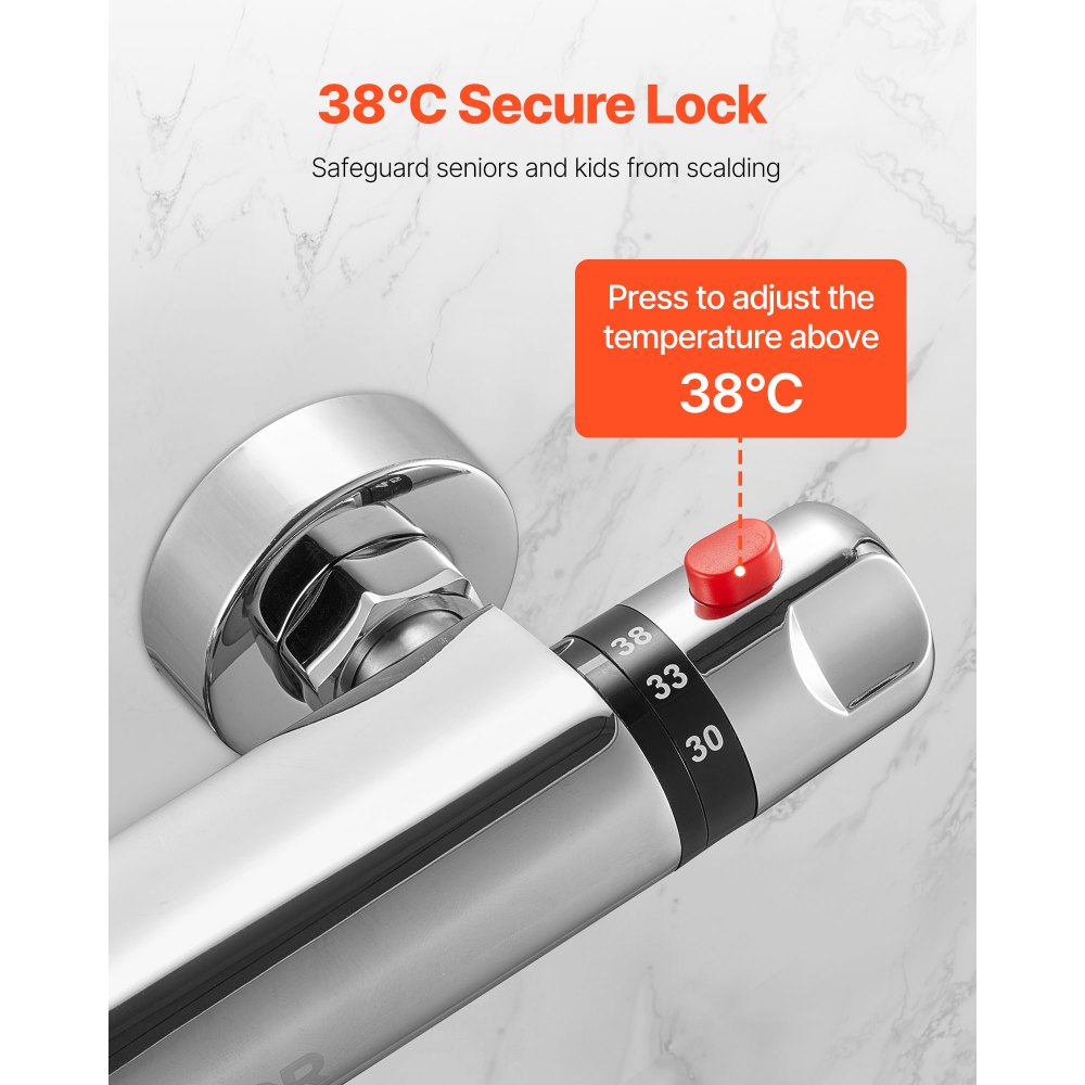 VEVOR Valvola Termostatica per Rubinetto Doccia, con Blocco di Sicurezza a 38°C, Valvole di Controllo della Temperatura con Acqua Calda e Fredda per Camper, Hotel, con Rivestimento Cromato Argento