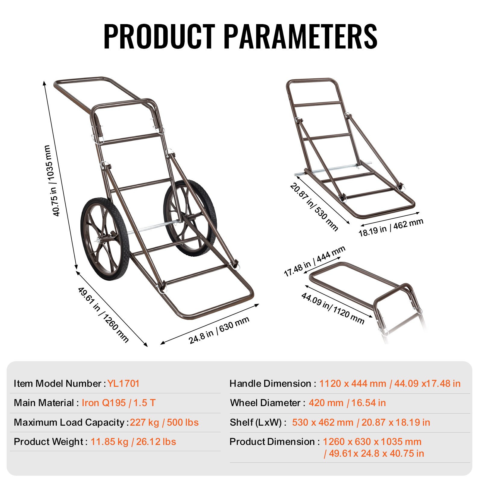 VEVOR Game Cart, Foldable Game Trolley 227 kg, Game Transporter with Two 42 cm Wheels and Ergonomic Handle, Game Cart Accessories, All-Purpose Transport Trolley for Hunting, Fishing and Hiking