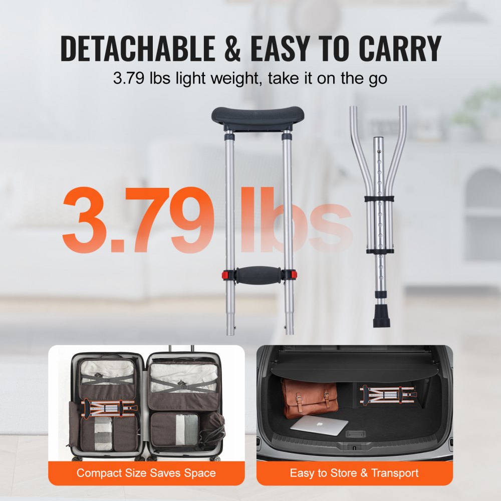 VEVOR Forearm Crutches, 13-Level Height-Adjustable Forearm Crutches, Lightweight Aluminum Crutches for Adults and Teenagers - with Soft Forearm Padding for People with Disabilities After Leg Injuries and Surgery, 1 Pair, 136 kg