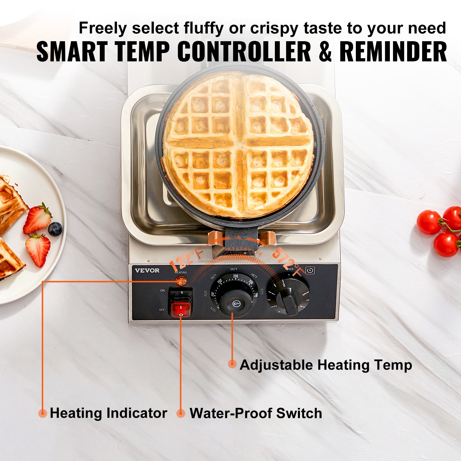 VEVOR Macchina per Waffle Belga Rotondo in Acciaio Inox Antiaderente 1300W Temperatura Controllata 50℃-300℃, Macchina Waffle Piastra Doppia Antiaderente Teglia 190,5 mm con Manico Girevole in Acciaio