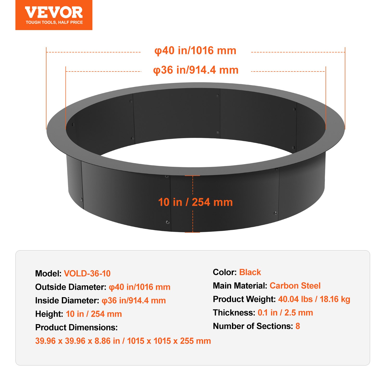 VEVOR Fire Pit Ring, 40-inch Outer Diameter/36-inch Inner Diameter, 10-inch Height, 2.5 mm Thick Fire Pit Insert, Heavy-Duty Carbon Steel Lining, DIY Campfire Ring for Over- or In-Ground Use, for Outdoor Camping and Campfires