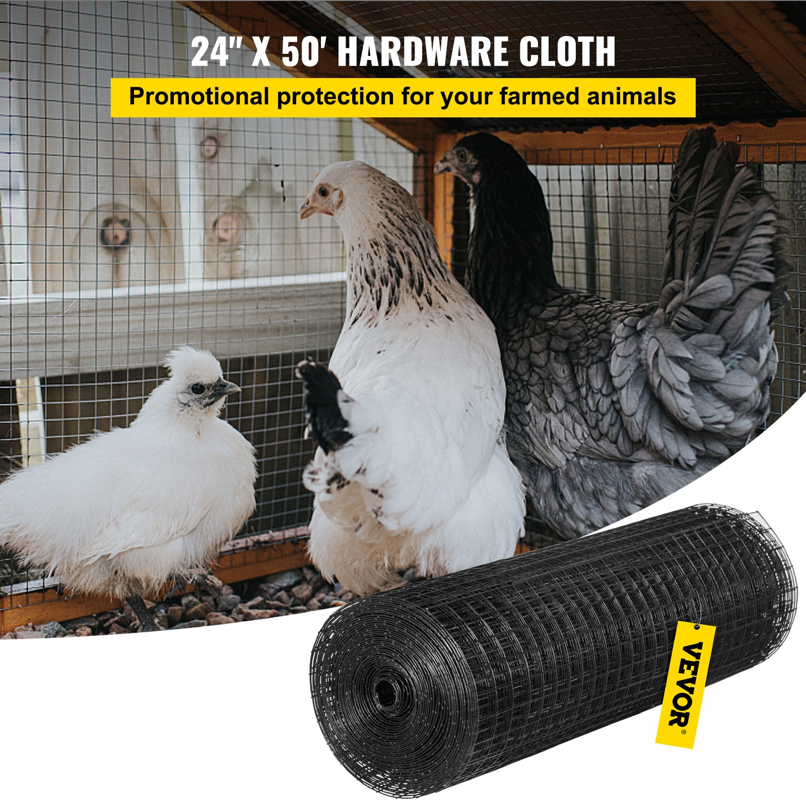 VEVOR Aviary Wire 61 x 1524 cm, Mesh Wire, Galvanized Vinyl Coated 16-Gauge Wire with Cutting Pliers and a Pair of Fabric Gloves, for Garden Fences and Pet Enclosures, Black