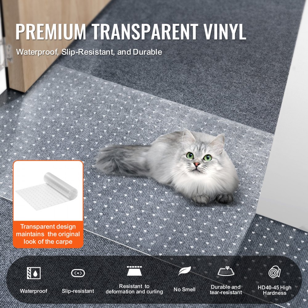 VEVOR Pet Carpet Protector, 38.1 x 1.22 m, Scratch-Resistant PVC Cat Carpet Protector for Door Frames, Non-Slip Cat Scratch Protection Mat, Easily Cuttable Plastic Carpet Scratch Stopper