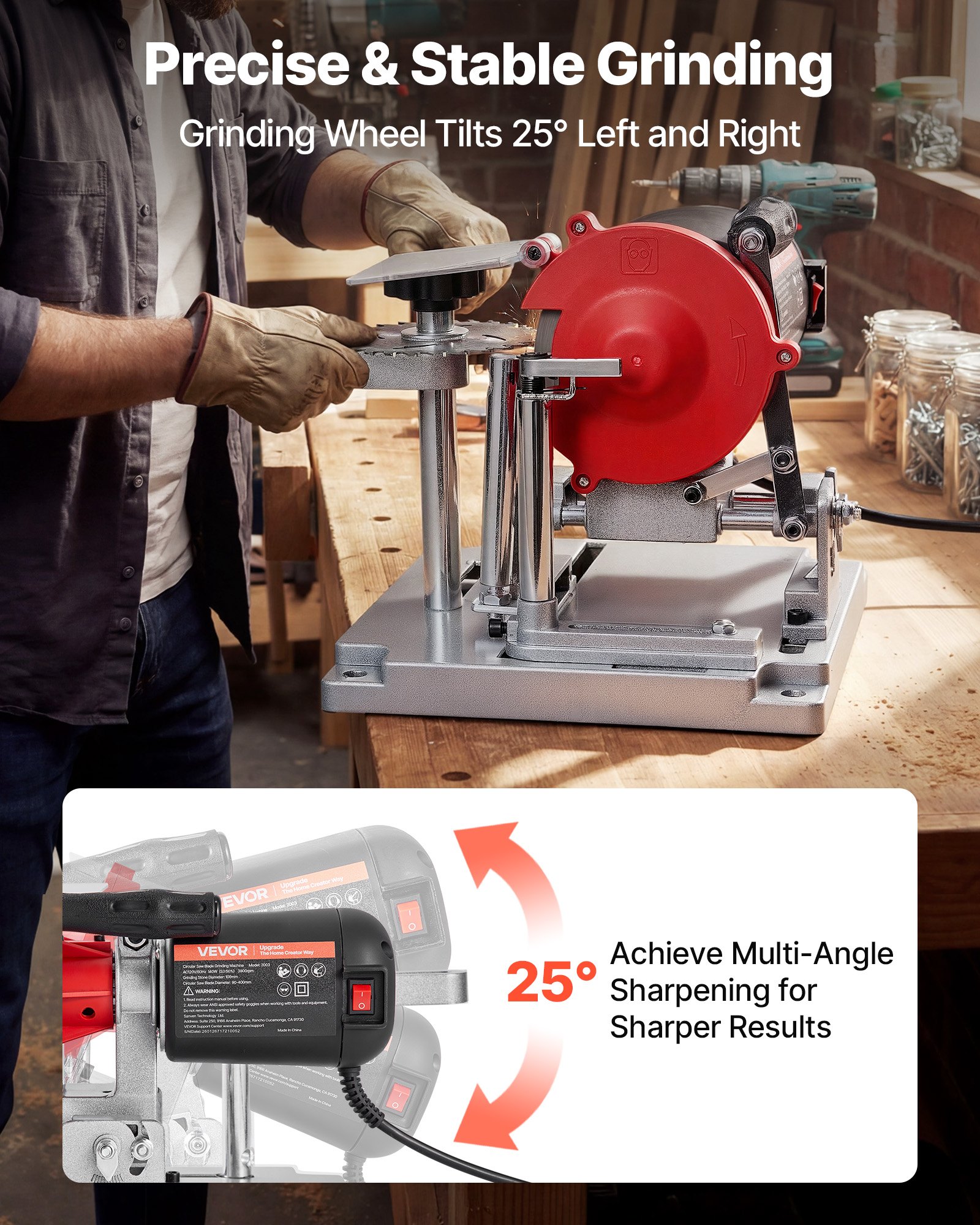 VEVOR Affilatrice per Lame Circolari Potente 140 W e 5700 RPM, Affilatrice per Dischi da Seghe Circolari Mole in Ceramica e Diamante da 10 cm, Adatta per Lame Circolari con Diametro da 9 cm a 40 cm