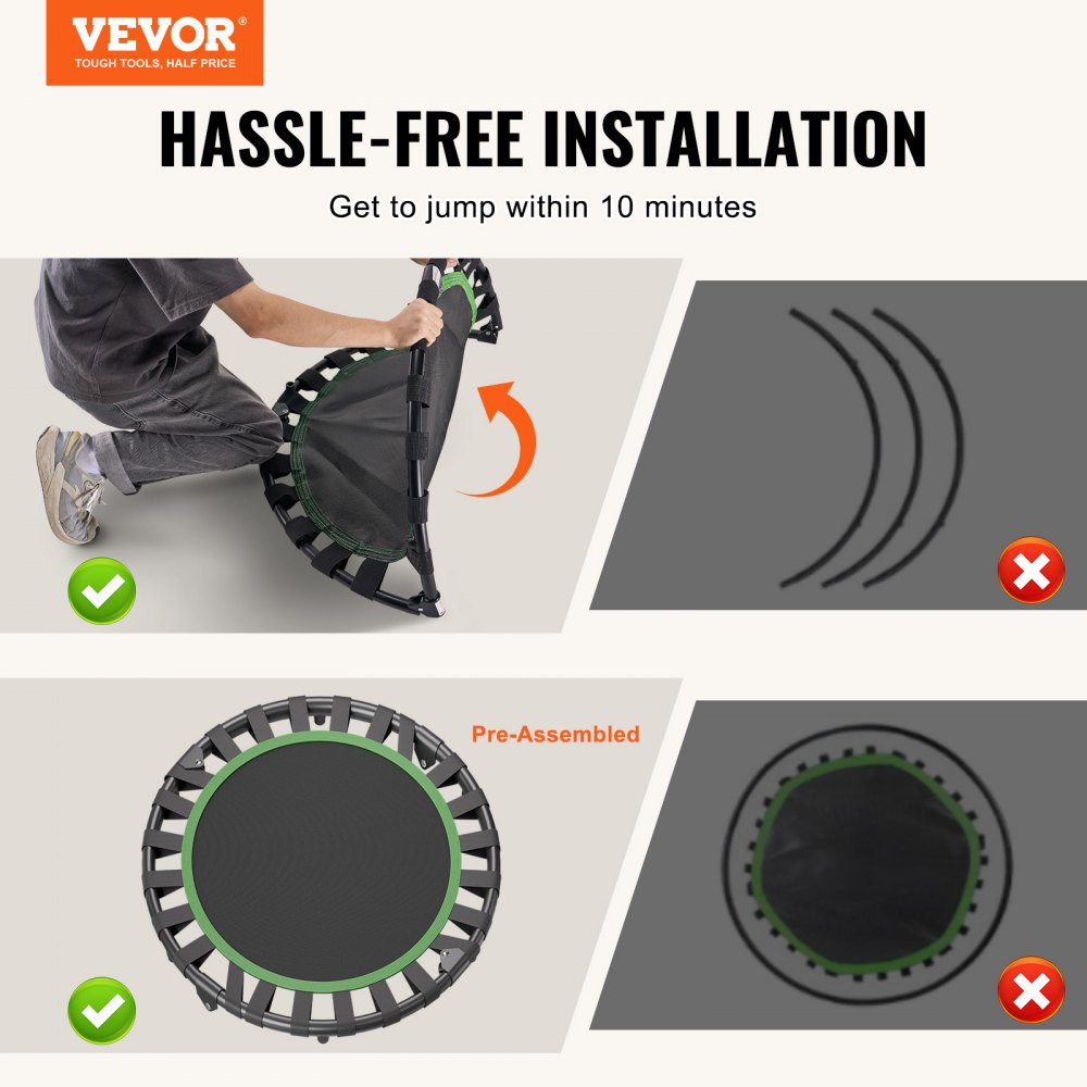 VEVOR Mini Trampolino Pieghevole Fitness 934 mm Trampolino Elastico, Capacità di Peso 100 kg Trampolino da Fitness, Trampolino da Giardino per Adulti per Allenamento in Interni/Giardino, Nero e Verde