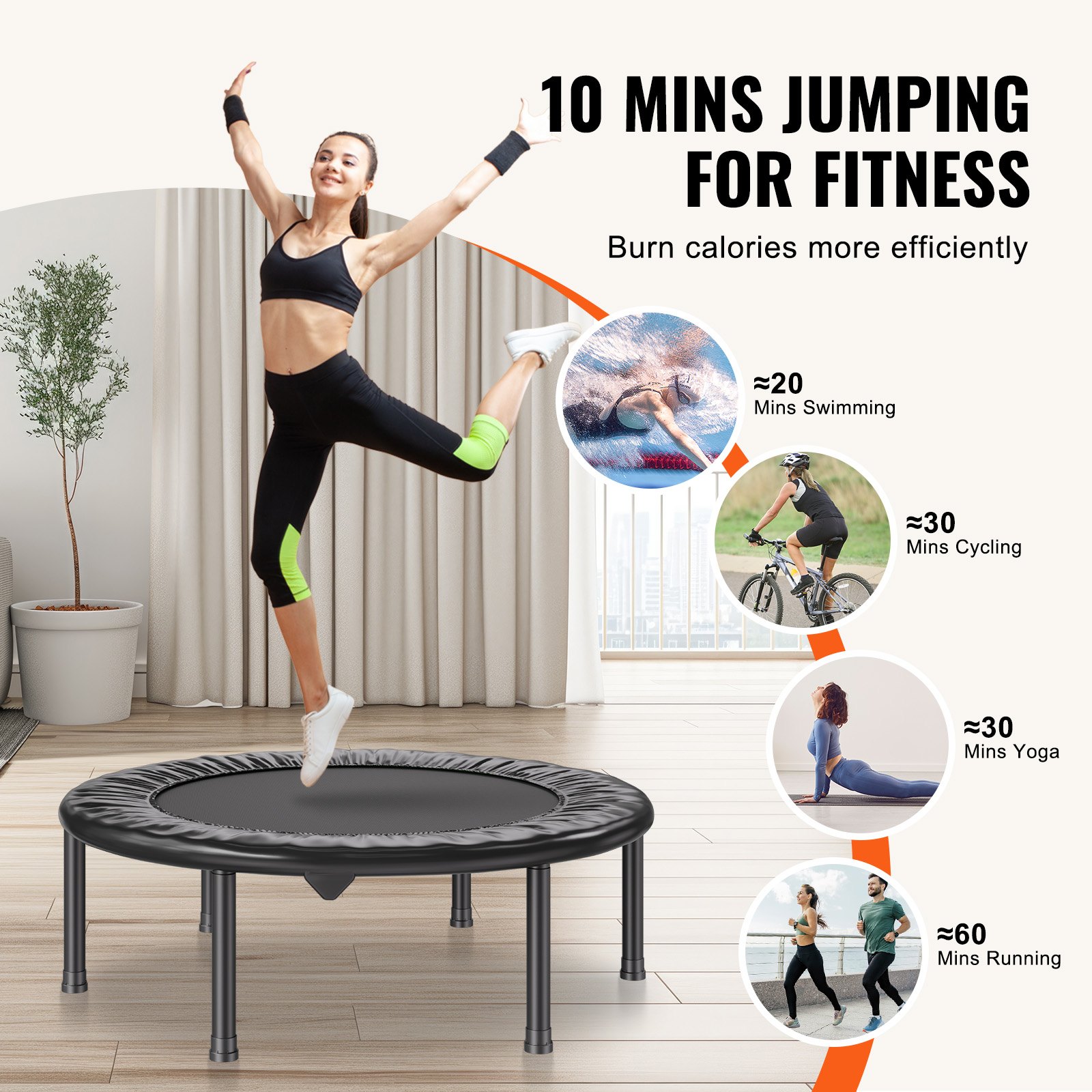 VEVOR Mini Trampolino Pieghevole Fitness 934 mm Trampolino Elastico, Capacità di Peso 100 kg Trampolino da Fitness, Trampolino da Giardino per Adulti per Allenamento in Interni/Giardino, Nero e Verde