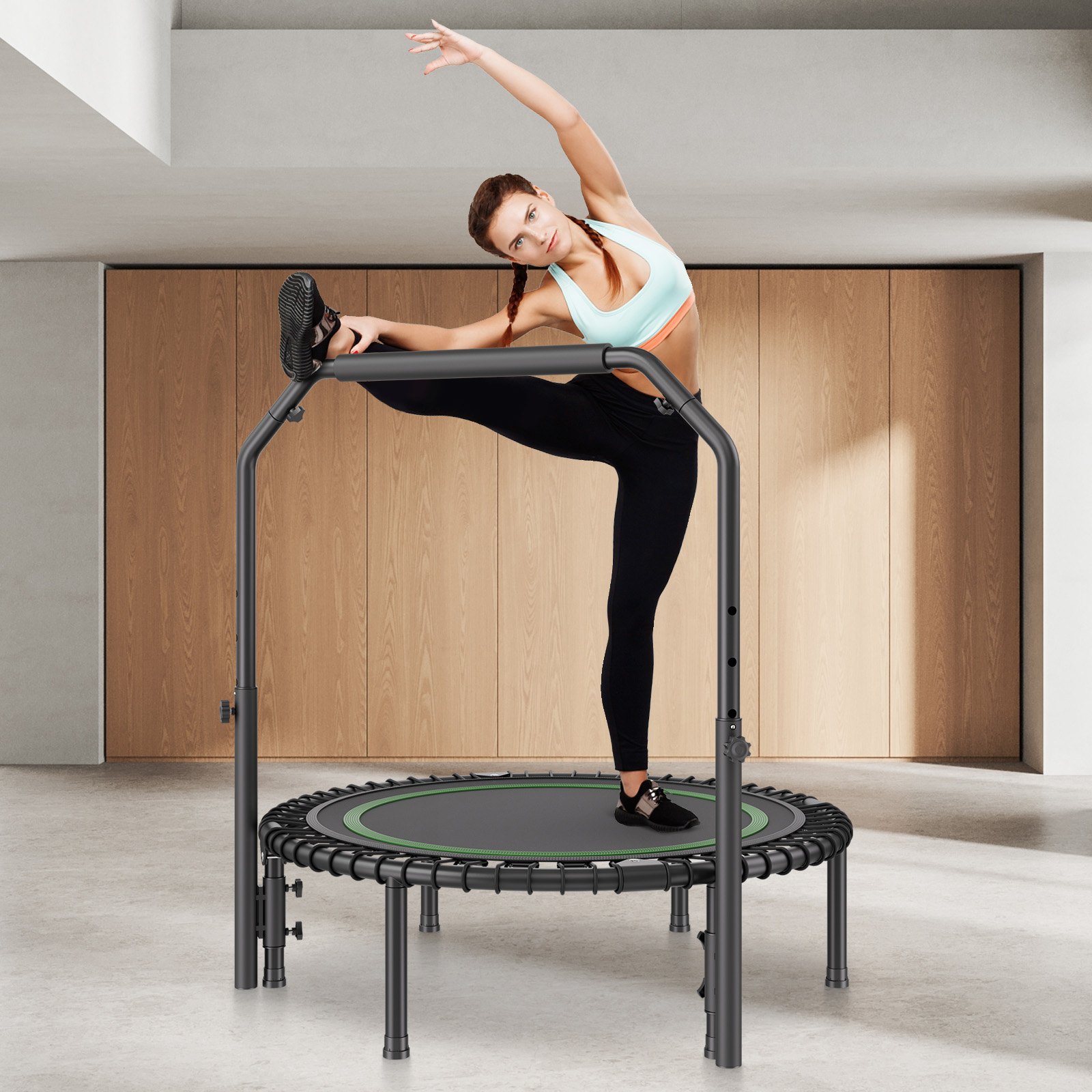 VEVOR Foldable Mini Trampoline Fitness Rebounder 1027 mm, 150 kg Load Capacity Training Trampoline, Rebounder Sport Trampoline Mini Trampoline Garden Trampoline with 4-Level Height-Adjustable Foam Handle