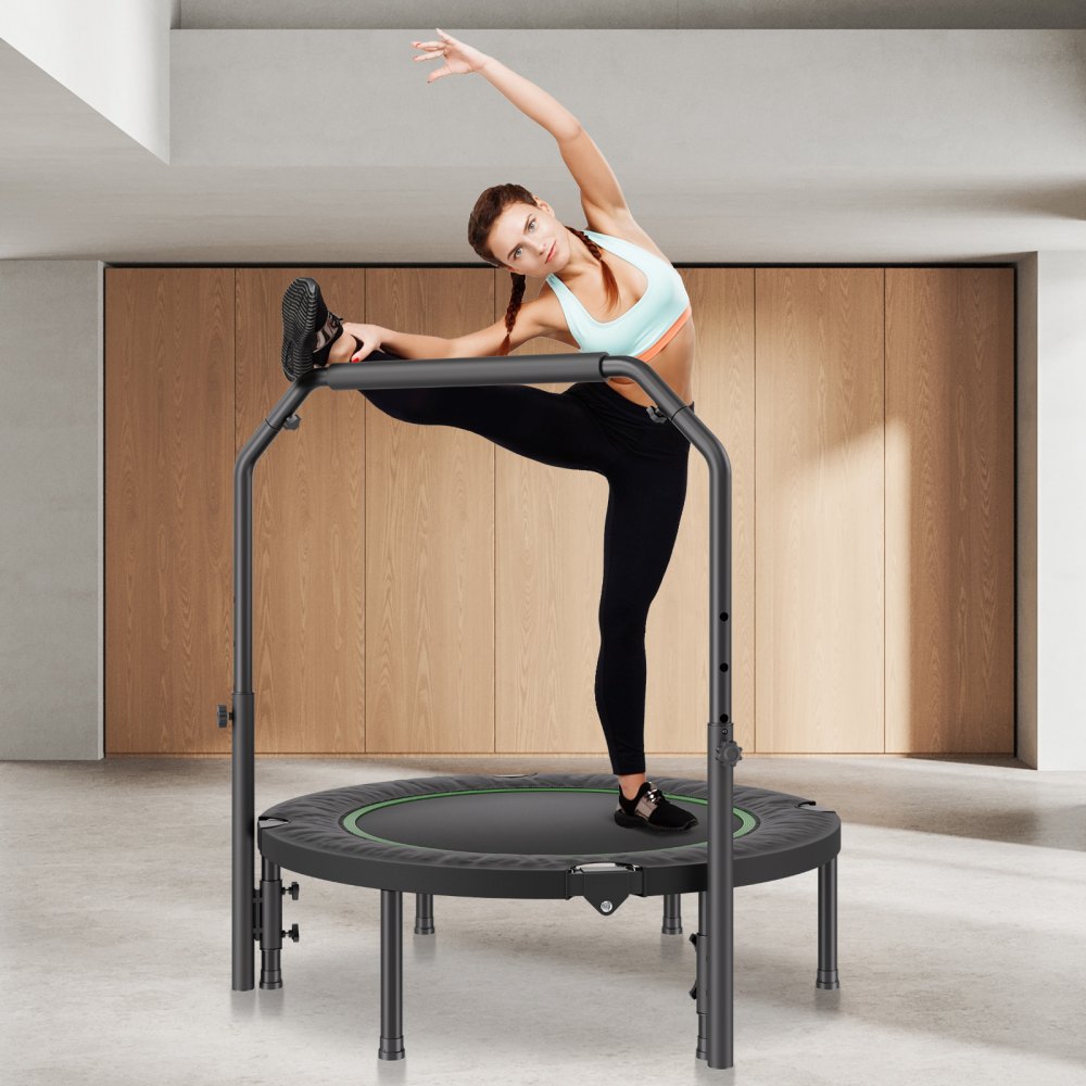 VEVOR Mini Trampolino Pieghevole Fitness Rimbalzo 1045 mm Trampolino da Allenamento Resiliente 150 kg Trampolino Sportivo da Rimbalzo, Maniglia Regolabile in Altezza a 4 Livelli 32 Molle, Nero e Verde