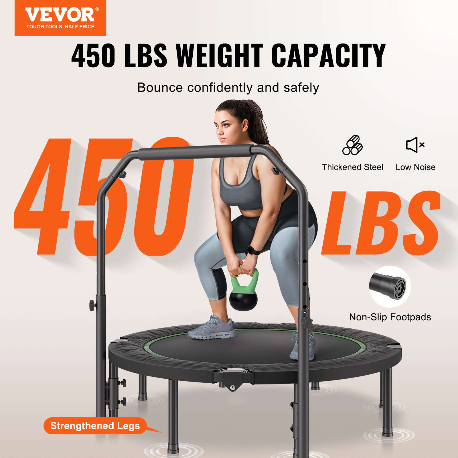 VEVOR Foldable Mini Trampoline Fitness Rebounder 132 cm, 205 kg Load Capacity Training Trampoline, Rebounder Sports Trampoline Garden Trampoline with 4-Level Height-Adjustable Handle & 40 Springs