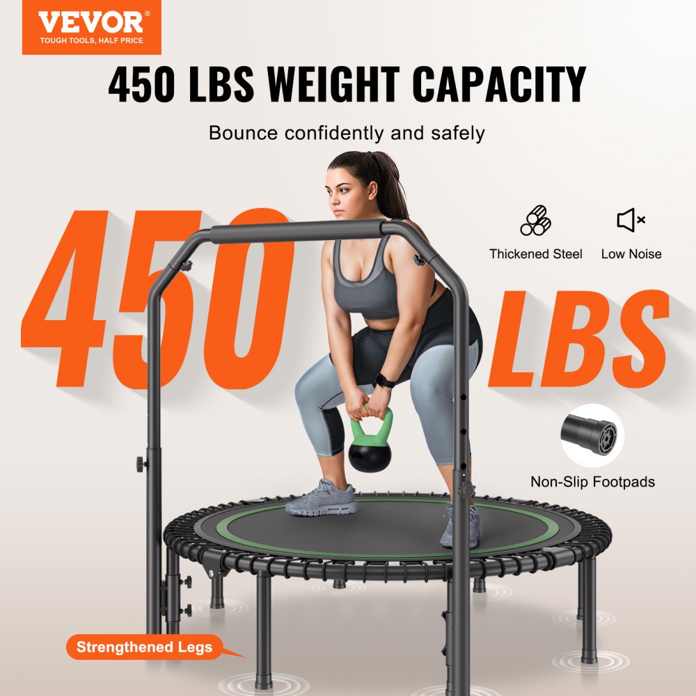 VEVOR Mini Trampolino Pieghevole Fitness Rimbalzo 1290 mm Trampolino da Allenamento Resiliente 205 kg Trampolino Sportivo da Rimbalzo, Maniglia Regolabile in Altezza a 4 Livelli 42 Cinghie di Tensione