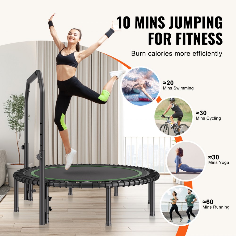 VEVOR Mini Trampolino Pieghevole Fitness Rimbalzo 1290 mm Trampolino da Allenamento Resiliente 205 kg Trampolino Sportivo da Rimbalzo, Maniglia Regolabile in Altezza a 4 Livelli 42 Cinghie di Tensione