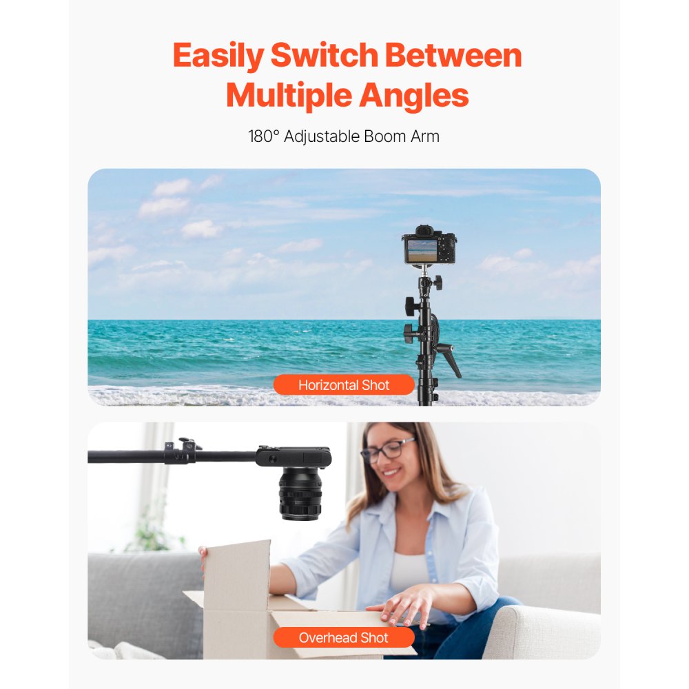 VEVOR Air-Cushioned Aluminum Light Stand, max. height 3900 mm, adjustable photo tripod with boom arm, max. load capacity 5 kg, 6.35 mm screw for softbox, studio flash, umbrella, ring light