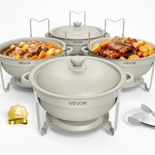 VEVOR Set Scaldavivande 4 pezzi in Acciaio Inox 5,68L per Alimenti Buffet Contenitore per Buffet, Banchetti, Catering, Feste, Eventi, Hotel, con Supporto per Combustibile, Rivestimento in Maifanite