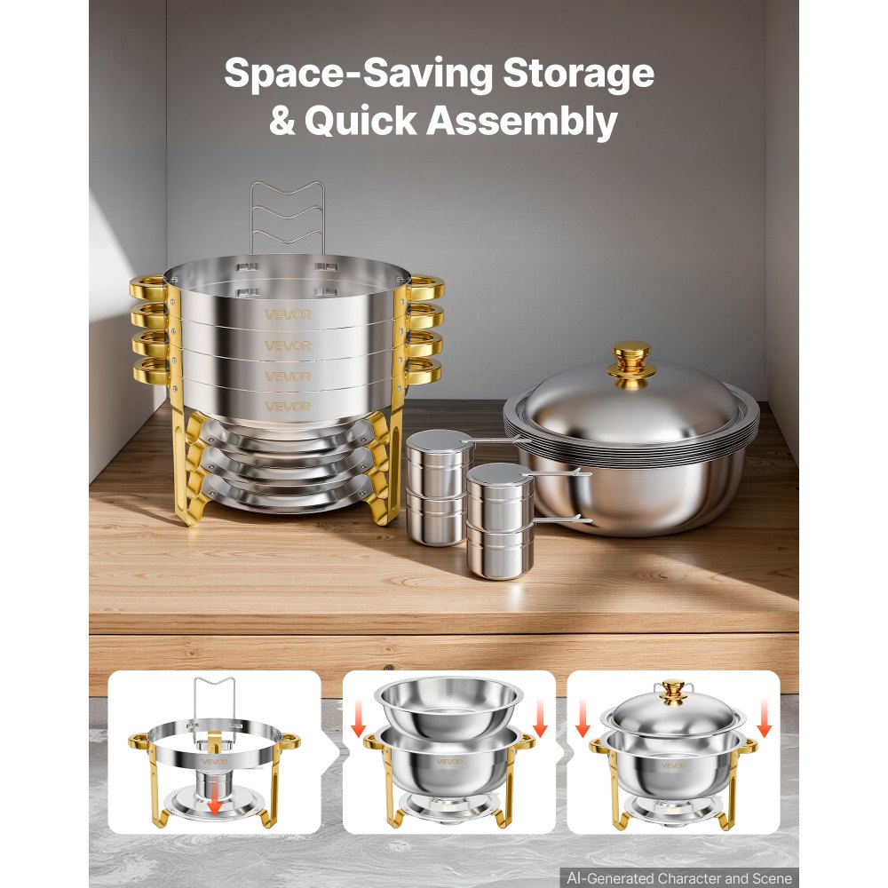 VEVOR Set Scaldavivande 4 pz per Alimenti Acciaio Inox 5,68L Vassoio Rotondo Contenitore per Buffet, Banchetti, Catering, Feste, Eventi, con 4 Vassoi, Supporto perr Combustibile, Coperchio Appendibile