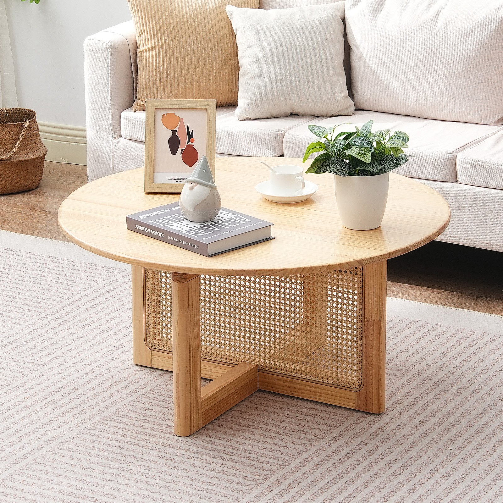 VEVOR round coffee table made of woven rattan wood with a rubberwood tabletop, modern boho coffee table (85 x 85 x 42 cm) with storage space & natural wood legs, for living room bedroom