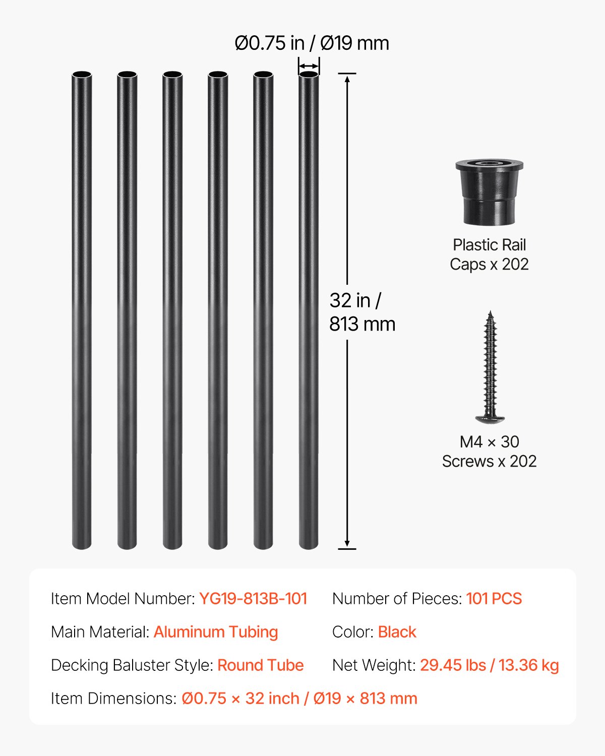 VEVOR Balaustre per Scale in Alluminio, Ringhiera in Metallo Tondo Impermeabile per Ponte Cavo con Tappi e Viti, per Scale, Portico, Patio, Recinzione, Nero da 19 x 813 mm, 101 Pezzi