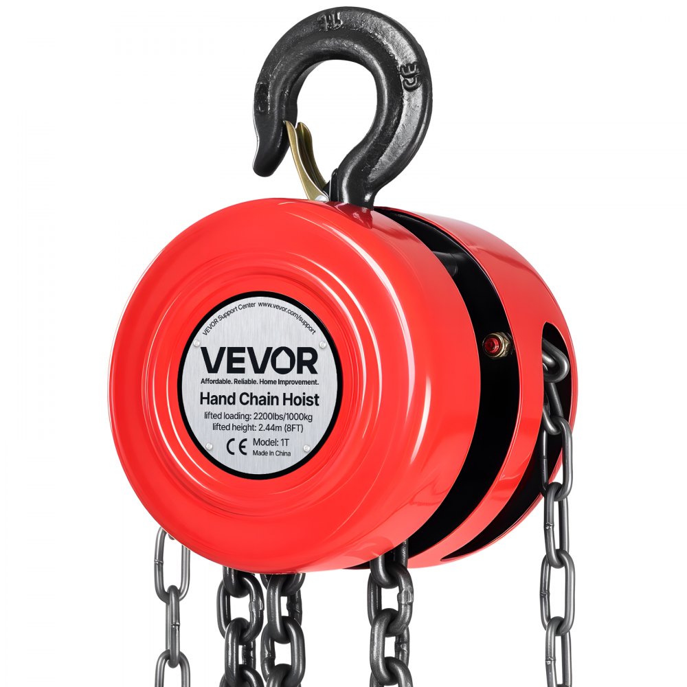 VEVOR Paranco a Catena Manuale, Capacità 1 T, con Catena Zincata G70 di Aggiornamento, Altezza di Sollevamento 2,44 m, Paranco a Puleggia per Macchinari Automobilistici da Magazzino, Rosso