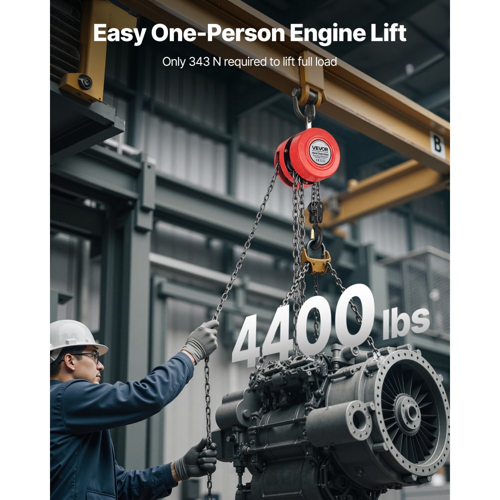 VEVOR Paranco a Catena Manuale, Capacità 2 T, con Catena Zincata G70 di Aggiornamento, Altezza di Sollevamento 3 m, Paranco a Puleggia per Macchinari Automobilistici da Magazzino, Rosso