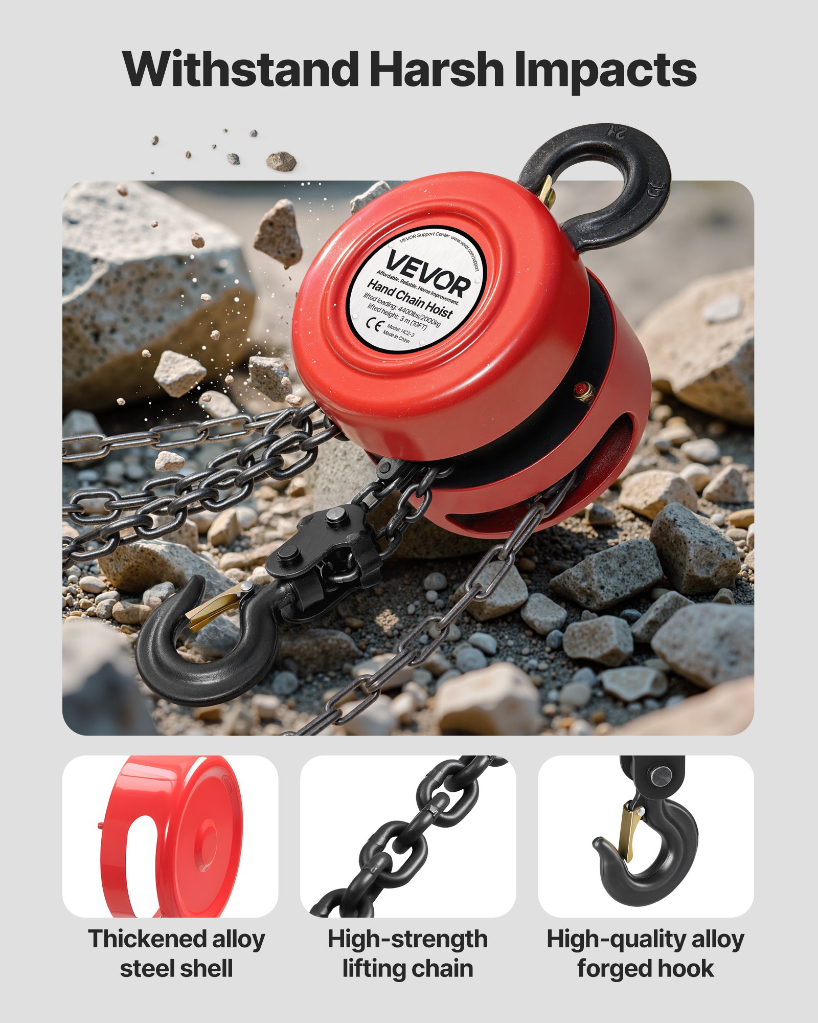 VEVOR Paranco a Catena Manuale, Capacità 2 T, con Catena Zincata G70 di Aggiornamento, Altezza di Sollevamento 3 m, Paranco a Puleggia per Macchinari Automobilistici da Magazzino, Rosso