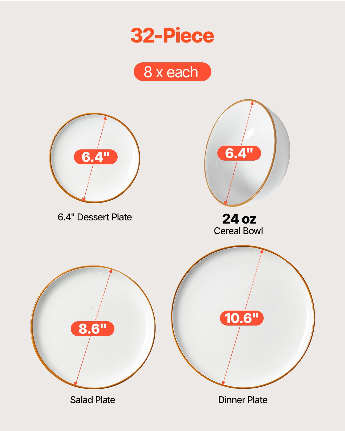 VEVOR Set di Stoviglie, 32 Pezzi Servizio per 8 Persone, Piatti Ciotole Rotondi, Stoviglie in Ceramica Antigraffio, Piatti per Lavastoviglie Microonde, per Insalata Zuppa Pasta, Bianco