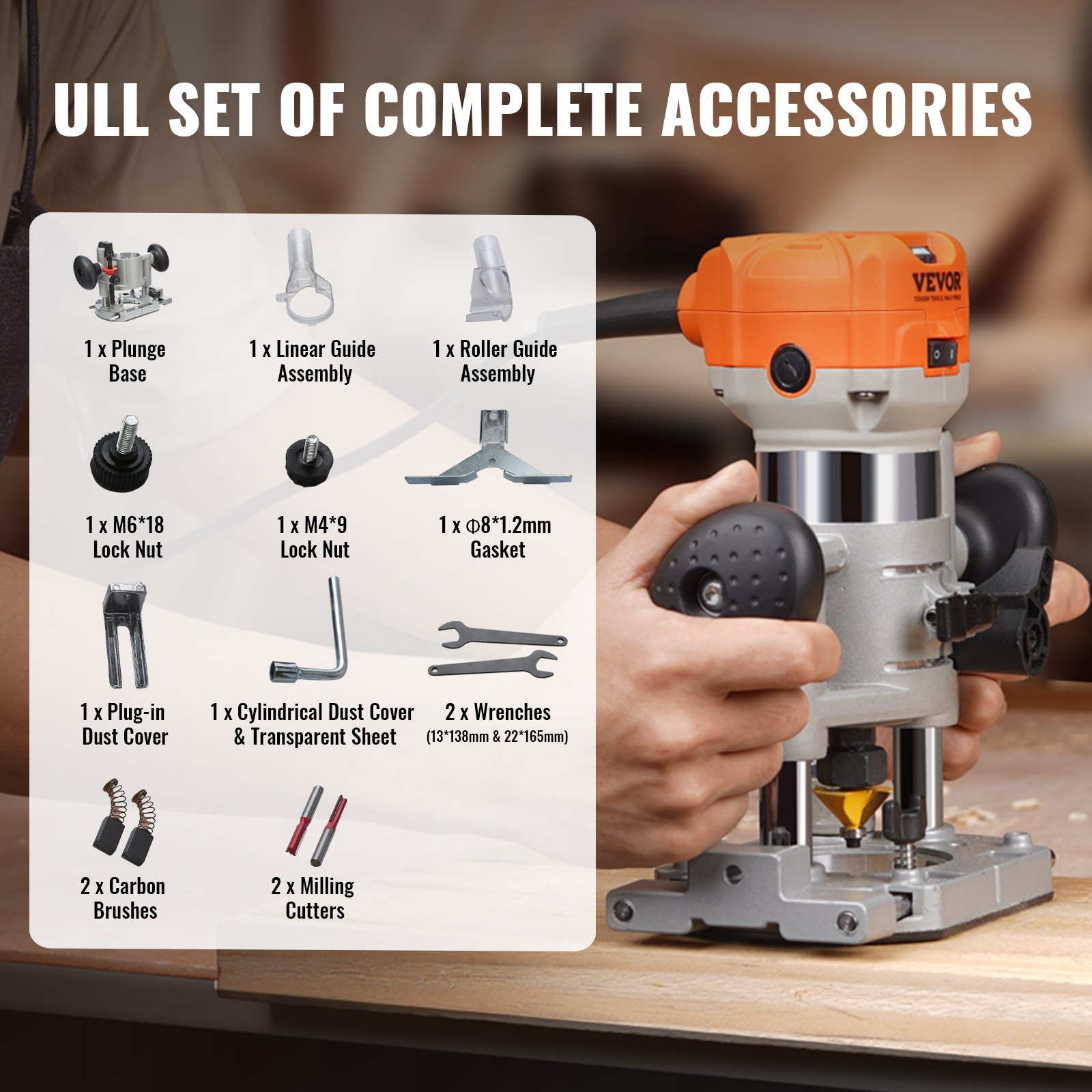 VEVOR Kit Fresatrice per Legno con Cavo 800 W Base Doppia 6 Velocità Regolabile Velocità tra 10000-30000 giri / min, Fresatrice Elettrica da Banco per Legno Base Fissa Base a Immersione per Fai-da-te