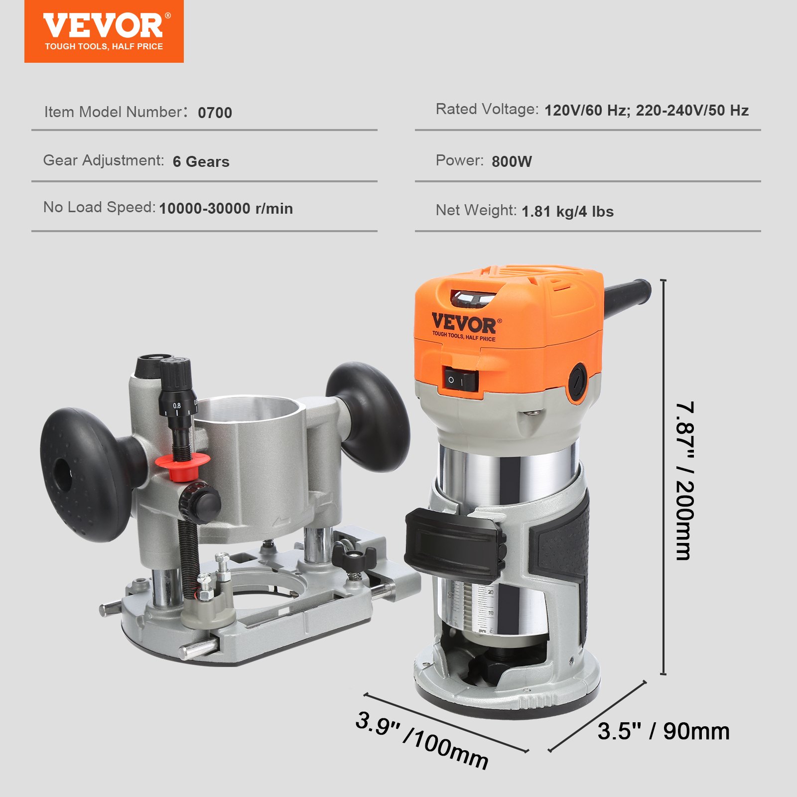 VEVOR Kit Fresatrice per Legno con Cavo 800 W Base Doppia 6 Velocità Regolabile Velocità tra 10000-30000 giri / min, Fresatrice Elettrica da Banco per Legno Base Fissa Base a Immersione per Fai-da-te