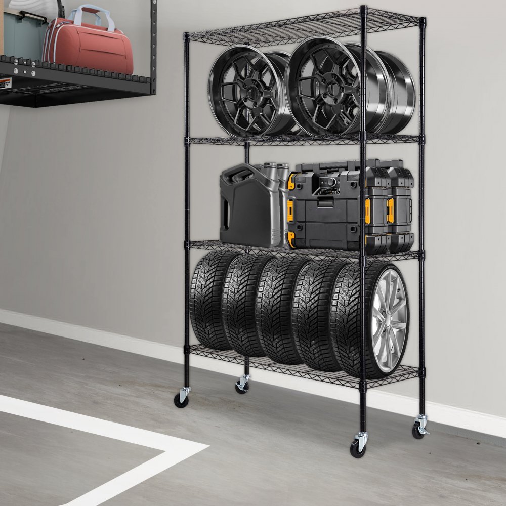 VEVOR Scaffale portaoggetti con Ruote, 4 Ripiani Regolabili, Capacità 700 Libbre, Scaffali da Garage per Carichi Pesanti Scaffale Metallico Organizzatore in Metallo, Nero, 47,2"x17,7"x74"