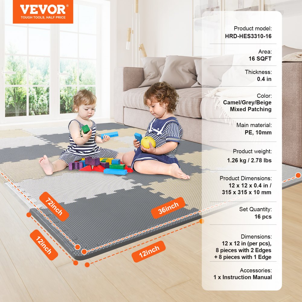 VEVOR Play Mat for Children, 16 Pieces, EVA Foam Play Mat, 16 Square Foot Puzzle Play Mat, Interlocking Toddler Mats for Playrooms and Children's Rooms, Camel, Gray & Beige