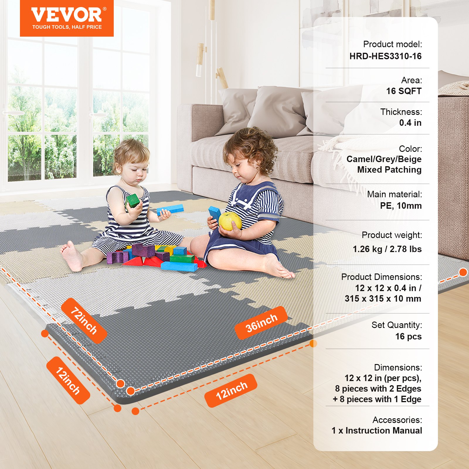 VEVOR Tappetino da Gioco per Bambini con Schiuma EVA, Tappetino da Gioco Puzzle, Tappetini Bambini Incastro per Sala Giochi, Camera, Soggiorno, 16 Pezzi 315 x 315 x 10 mm, Cammello Grigio Beige