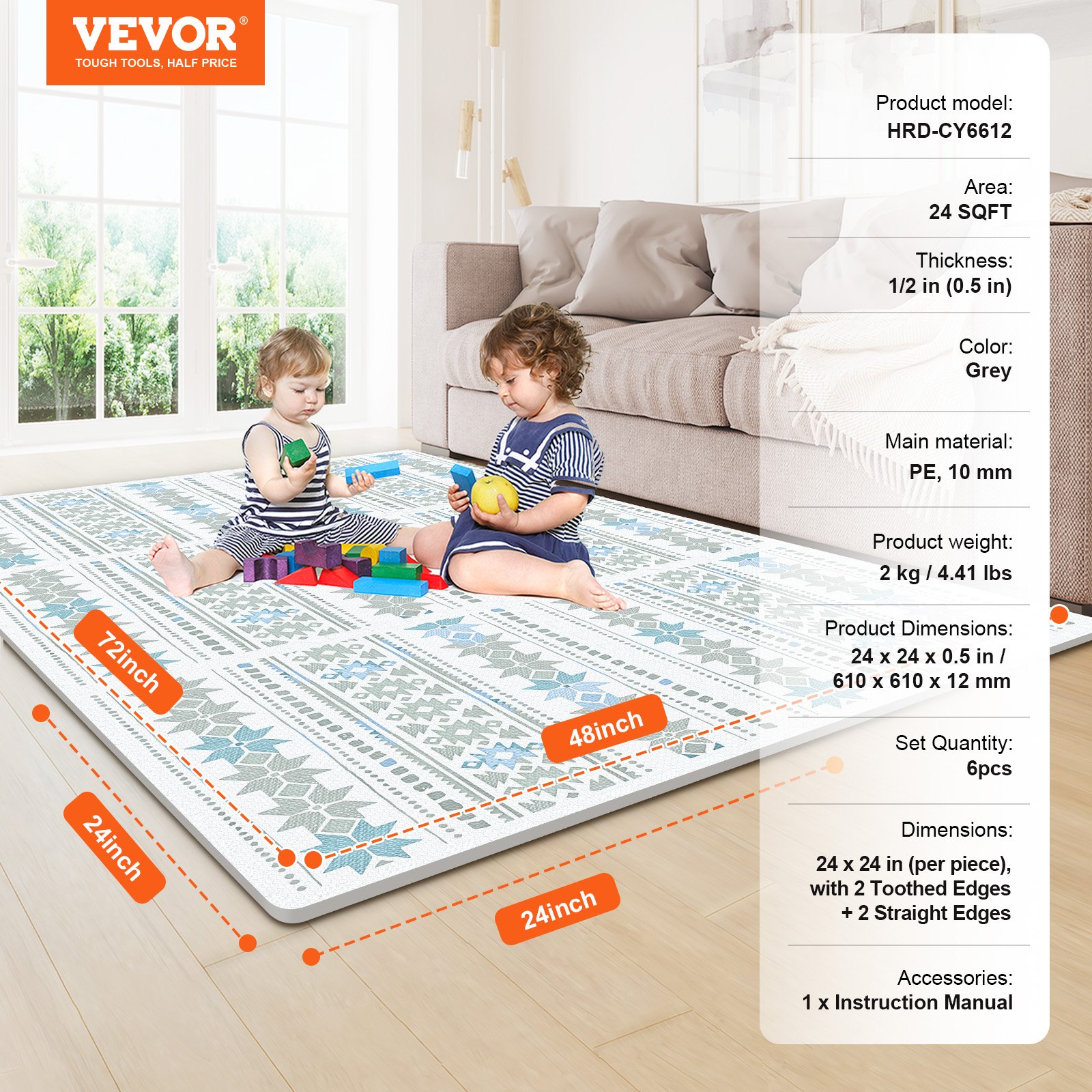 VEVOR Play Mat for Children, 6-Piece Set, EVA Foam Play Mat, 61 x 61 cm Puzzle Play Mat with 24 Square Feet, Interlocking Toddler Mats for Playrooms and Children's Rooms, Light Grey