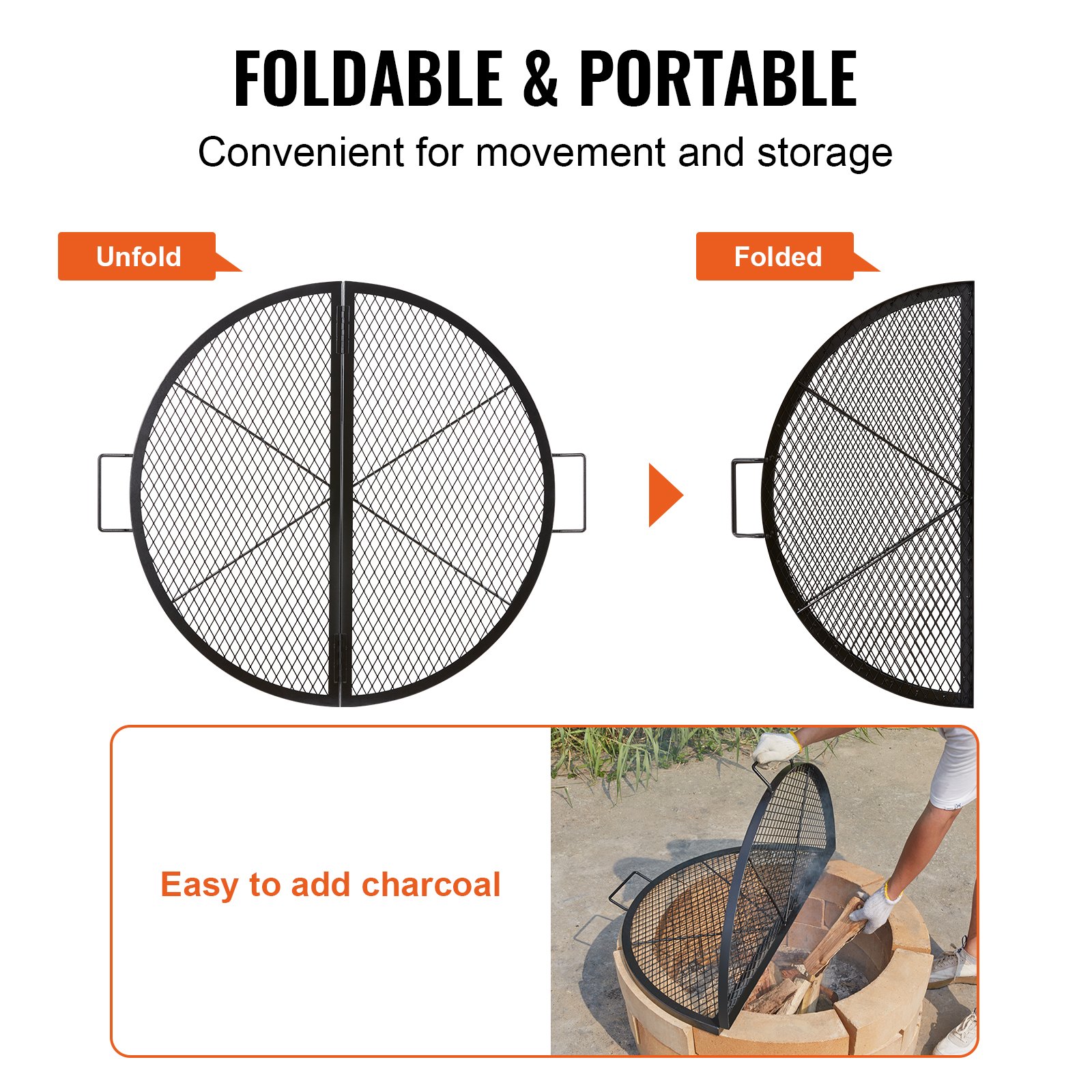 VEVOR Φ 910 x 25 mm X-Marks Fire Pit Grill Grate, Foldable Round Grill Grate, Robust Steel Campfire BBQ Grill Grate with Handle & Support X-Wire, Portable Camping Cookware, Black