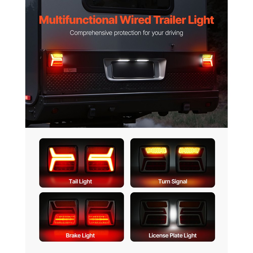 VEVOR 2 Pezzi Luci Quadrate per Rimorchio da 12 V, Luci Posteriori, Freno, Indicatore di direzione, Targa, Kit di Illuminazione per Rimorchio Cablato Impermeabile con Cablaggio, per Barca, Camion