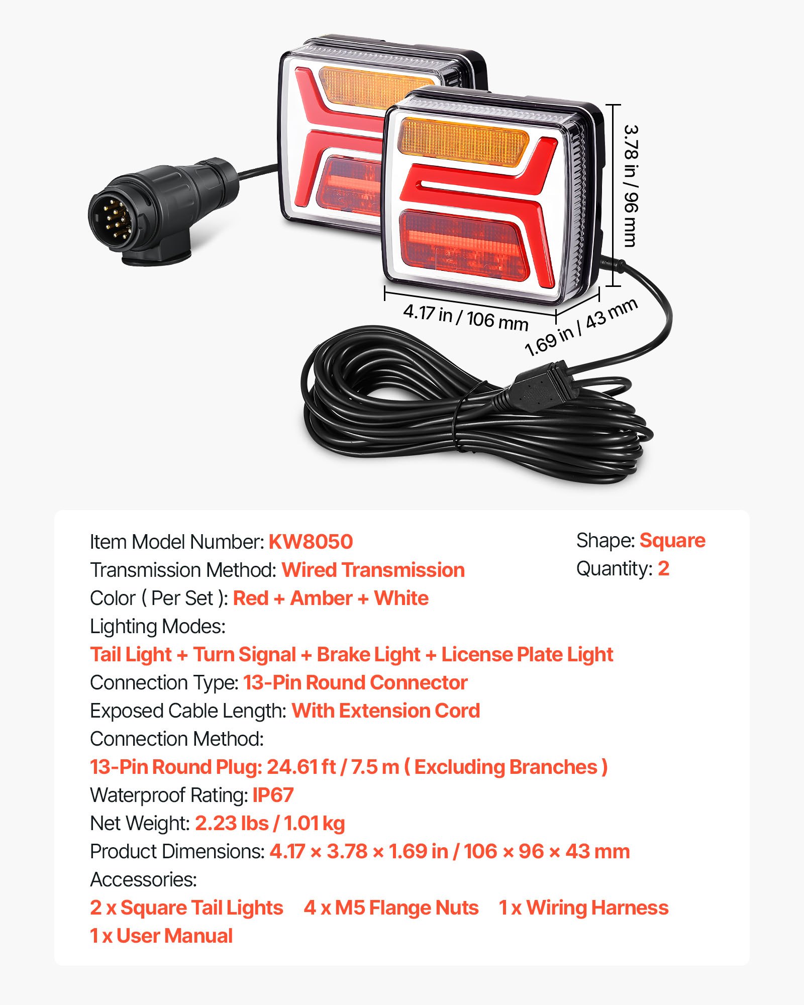 VEVOR 2 Pezzi Luci Quadrate per Rimorchio da 12 V, Luci Posteriori, Freno, Indicatore di direzione, Targa, Kit di Illuminazione per Rimorchio Cablato Impermeabile con Cablaggio, per Barca, Camion