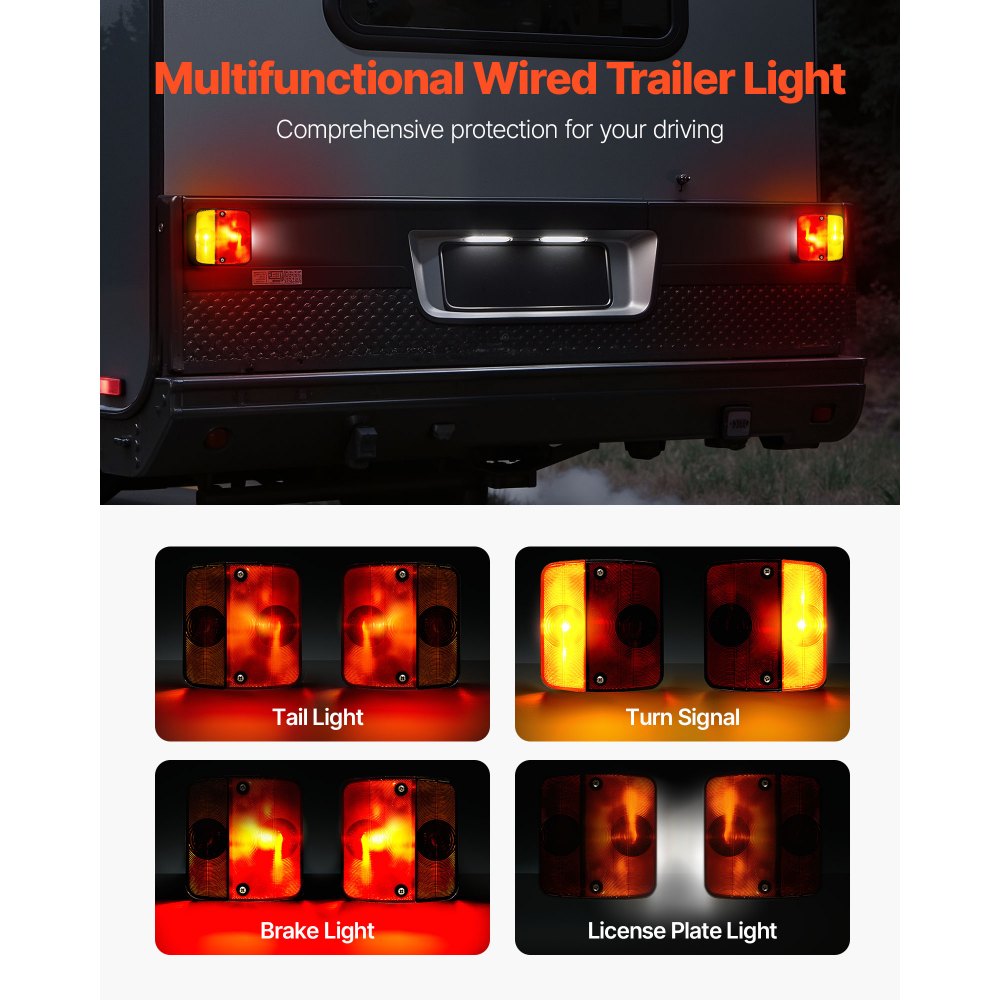 VEVOR 2 Pezzi Luci Quadrate per Rimorchio da 12 V, Luci Posteriori, Freno, Indicatore di direzione, Targa, Kit di Illuminazione per Rimorchio Impermeabile con Cablaggio, per Barca, Camion, Camper