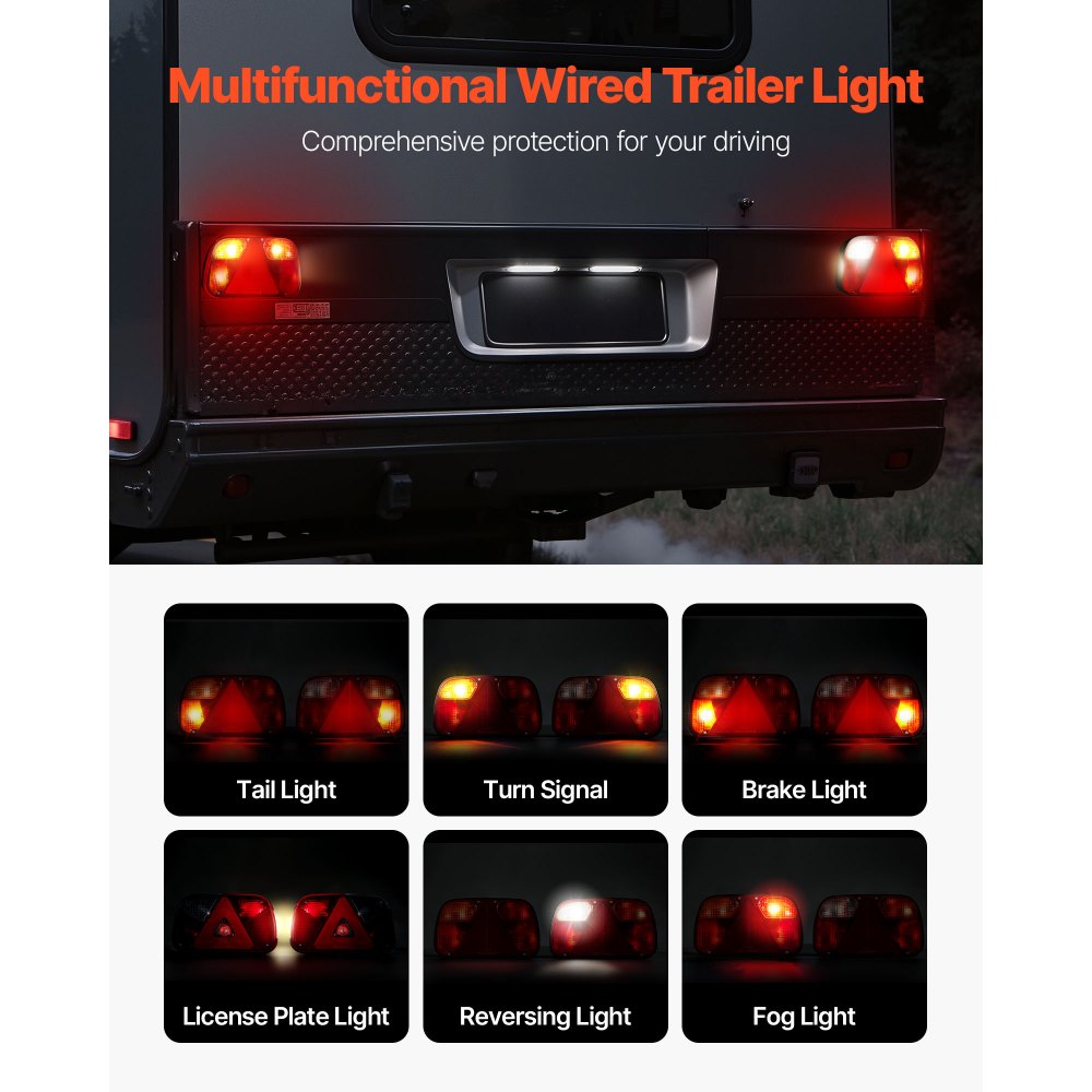 VEVOR Luci per Rimorchio, Trasmissione Cablata, 2 Pezzi Set di Lampada Rimorchio, Luci Impermeabili da 12 V per Posteriori, Freno, Indicatori di Direzione, Targa, Retromarcia, con Cablaggio