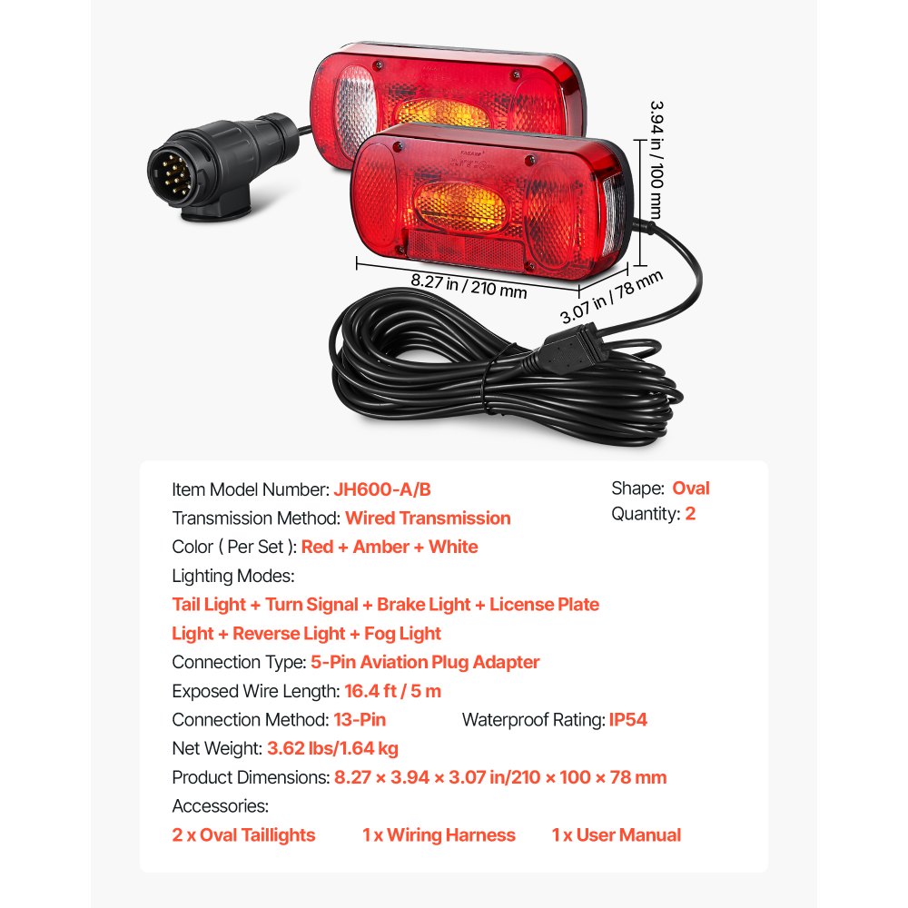 VEVOR 2 Luci Ovali per Rimorchio da 12 V, Luci Posteriori, Stop, Indicatore di direzione, Targa, Retromarcia, Fendinebbia, Kit di Illuminazione per Rimorchio Impermeabile con Cablaggio, Camper